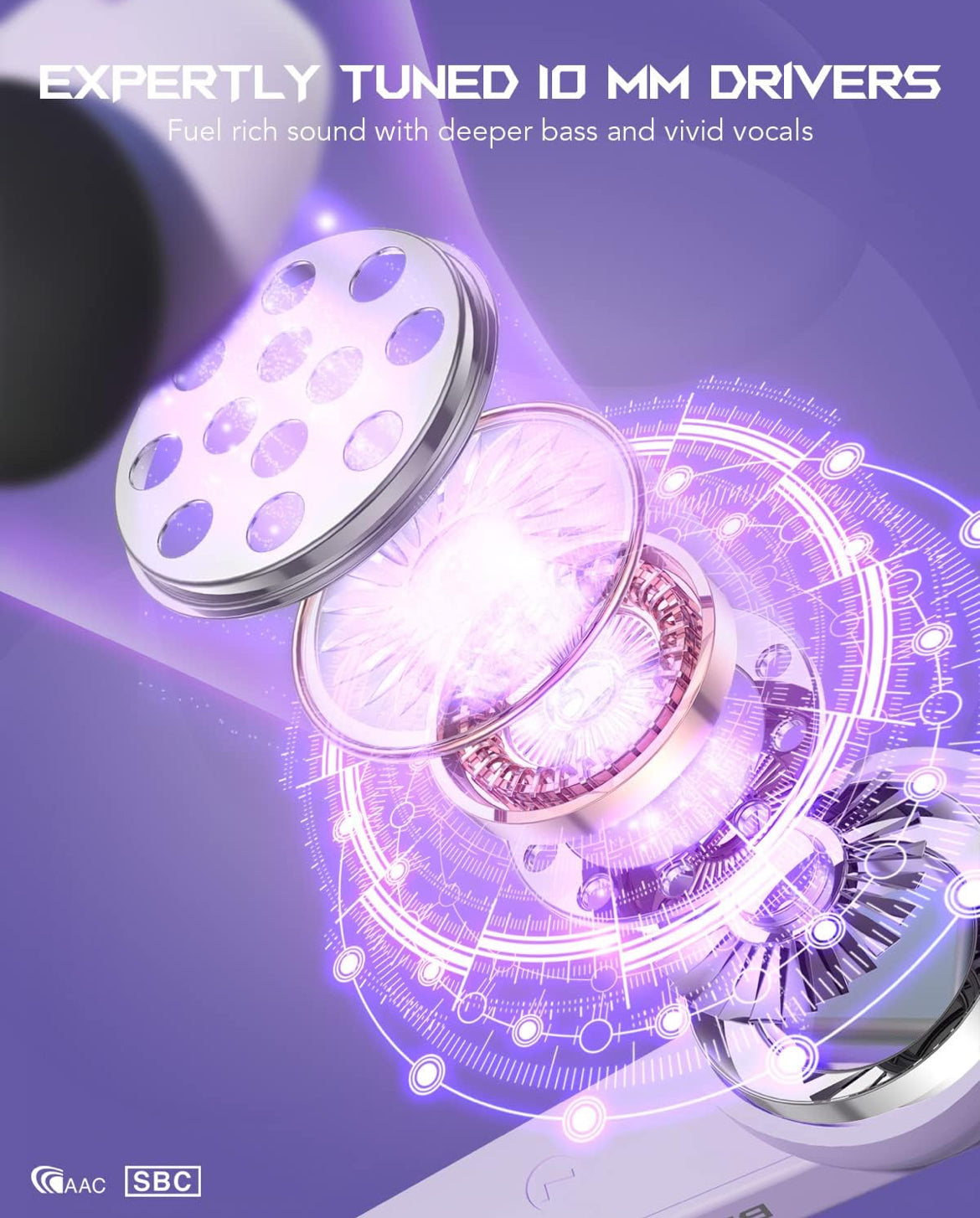 Black Shark Wireless Earbuds w/ LED Light, 45ms Ultra Low Latency - IPX5 Waterproof - Purple