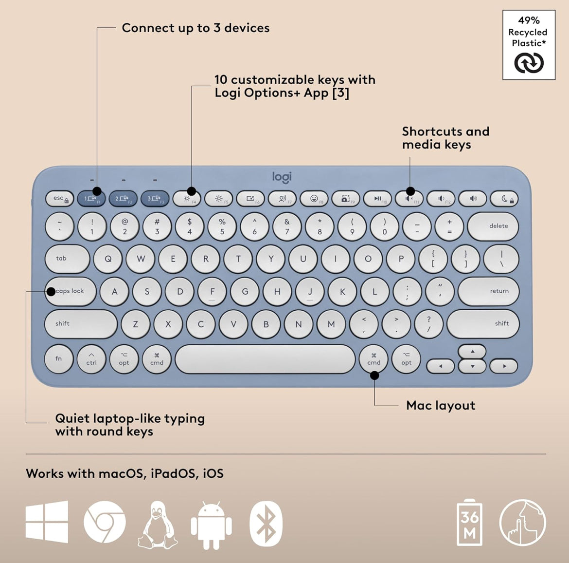 Logitech Pebble 2 Combo for Mac, Wireless Keyboard and Mouse, Slim, Quiet and Portable, Customizable, Bluetooth Mouse and Keyboard, Easy-Switch, for macOS, iPadOS - Tonal Blue