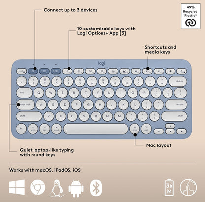 Logitech Pebble 2 Combo vir Mac, Draadlose Sleutelbord en Muis, Skraal, Stil en Draagbaar, Aanpasbaar, Bluetooth-Muis en -Sleutelbord, Maklik-Skakel, vir macOS, iPadOS - Tonal Blou