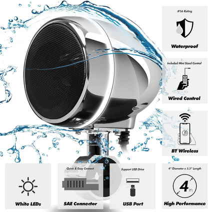 4 Inch Motorcycle Speakers Bluetooth Waterproof Audio System
Waterproof 300W Speakers, Built-in Amplifier, USB/AUX,Wired Control, Great for Harley, ATV, scooters 4-Wheeler