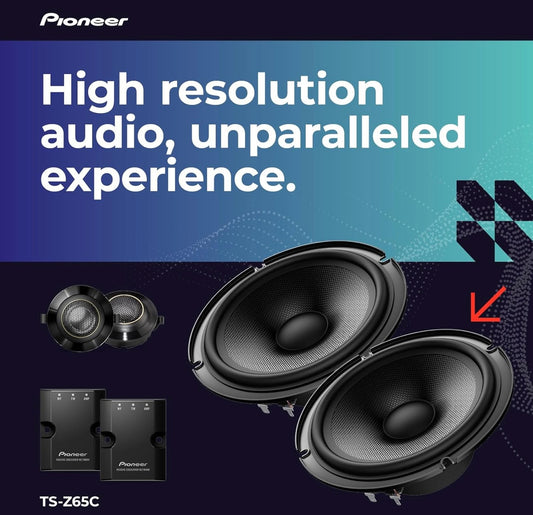 Pioneer TS-Z65C, 2-rigting-komponentmotorklankluidsprekers, Volreeks, Oop & Gladde Klankgehalte, Verbeterde Basrespons, 6.5” Luidsprekers