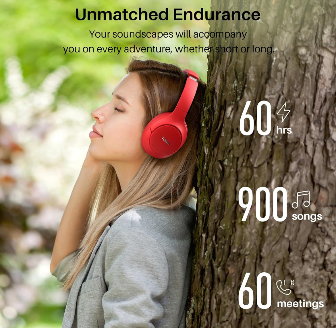 Hybrid Active Noise Cancelling Headphones, Wireless Over Ear Bluetooth, 40H Playtime, Hi-Res Audio Custom EQ, Comfort Fit Ear Cups (Red)