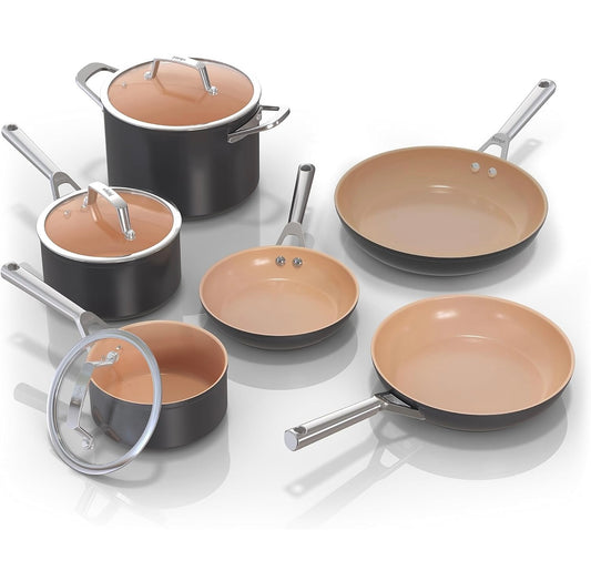 Ninja Potte en Panne Stel Kleefvry | Verlengde Lewe Premium Keramiek Kookware Stel | 9-Stuk Kleefvry | PTFE-vry | Oondveilig tot 287°C | Induksie-versoenbaar | Braaipan x3 | Kookpot x3 | CW99009