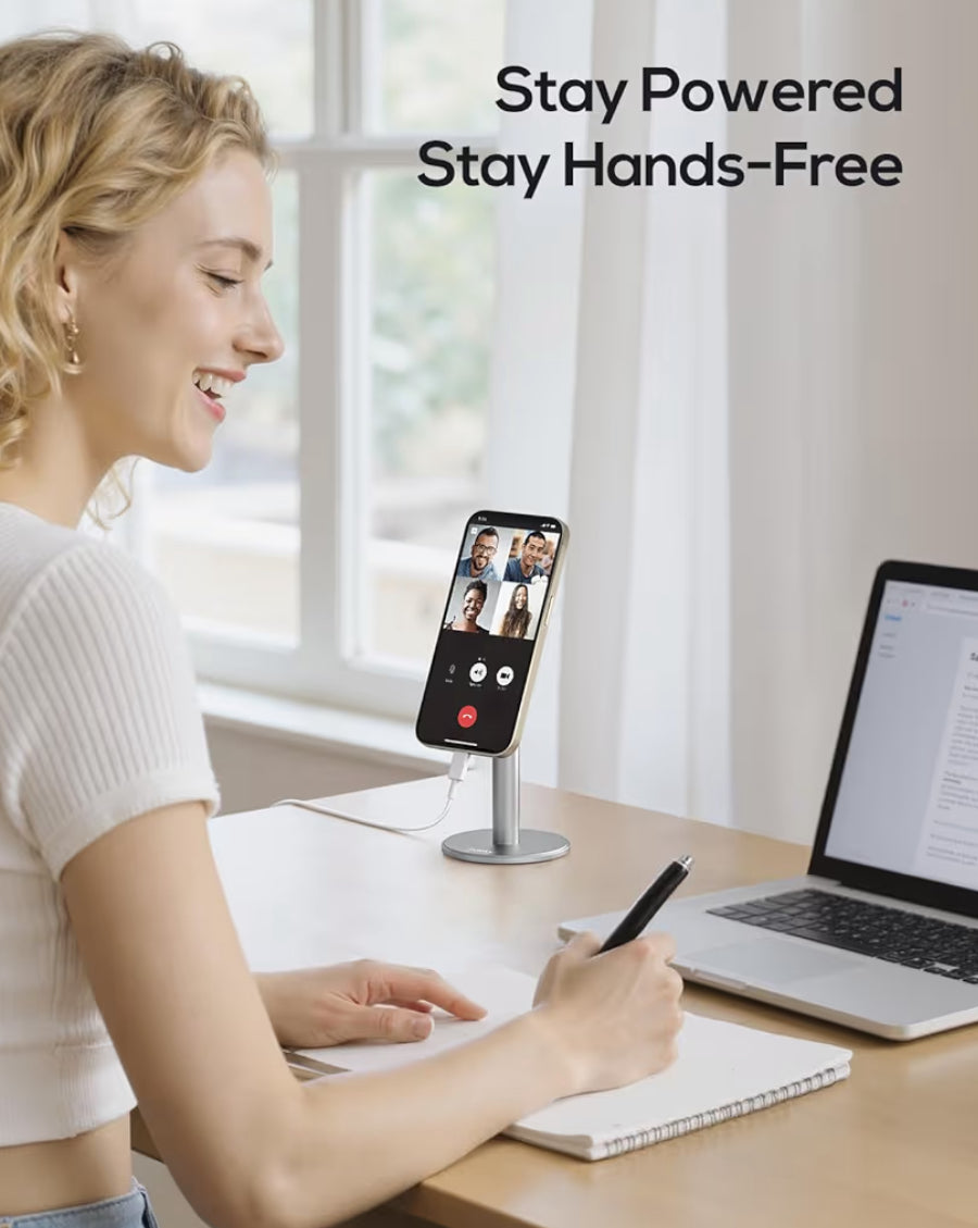 Magnetic Fully Aluminum Phone Stand, 360 Rotating for Desk w/ Metal Ring, Adjustable Holder with MagSafe Case - Silver