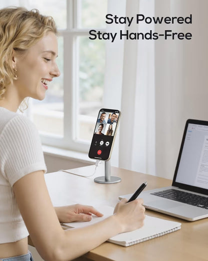 Magnetiese Volledig Aluminium Foonstaander, 360 Grade Draaibaar vir Lessenaar m/ Metaalring, Verstelbare Houer met MagSafe-tas - Silwer