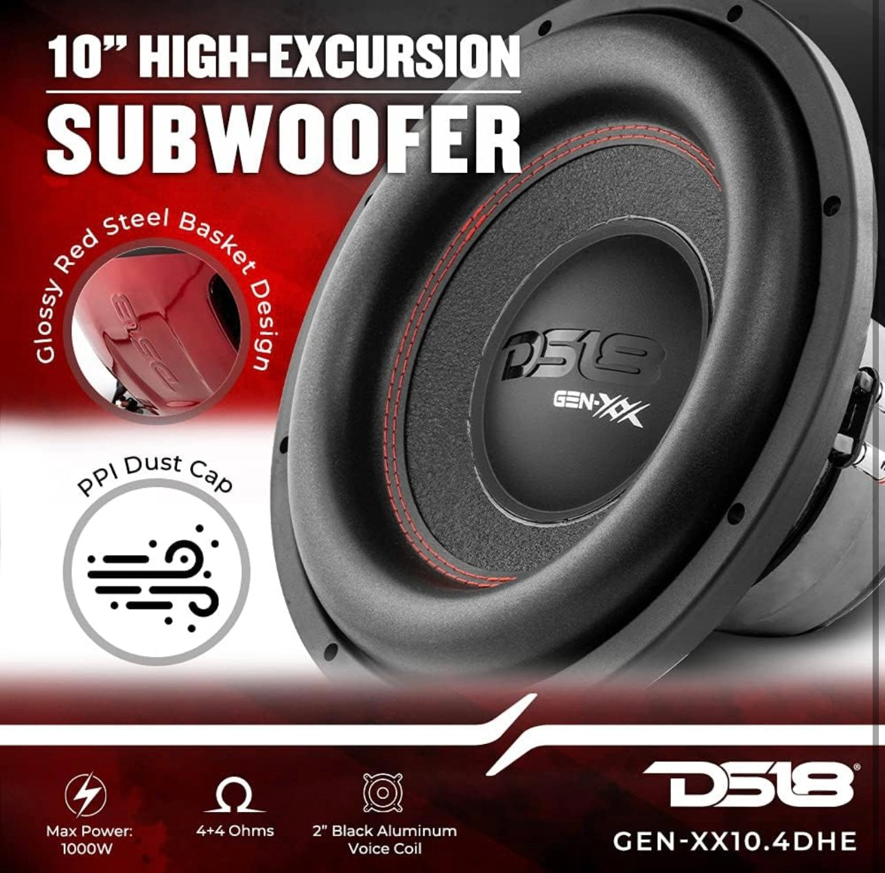 DS18 GEN-XX10.4DHE 10" High Excursion Car Subwoofer 1000 Watts Max Dual Voice Coil  (1 PC)