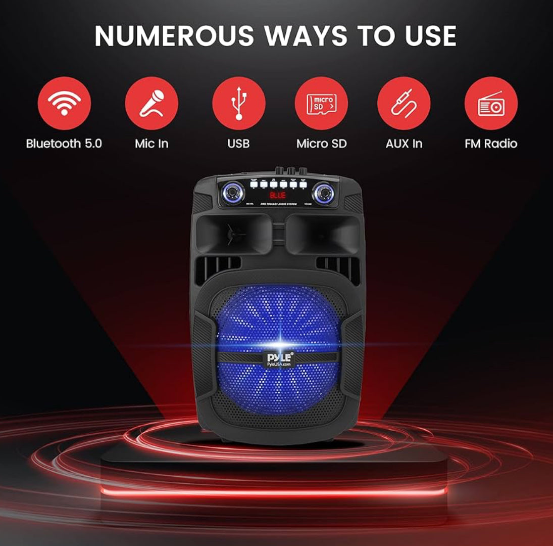 Portable Bluetooth PA Speaker System  800W 12" Outdoor w/ Built-In Party Lights - USB/SD Card Reader, FM Radio, Extendable Handle w/ Wheels - Includes Wired Microphone & Remote