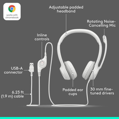 Logitech H390-speletjieskoptelefoon, bedrade koptelefoon met mikrofoon, USB-koptelefoon met mikrofoon vir rekenaar, ruisonderdrukkende mikrofoon vir videovergaderings, musiek, speletjies – Spierwit