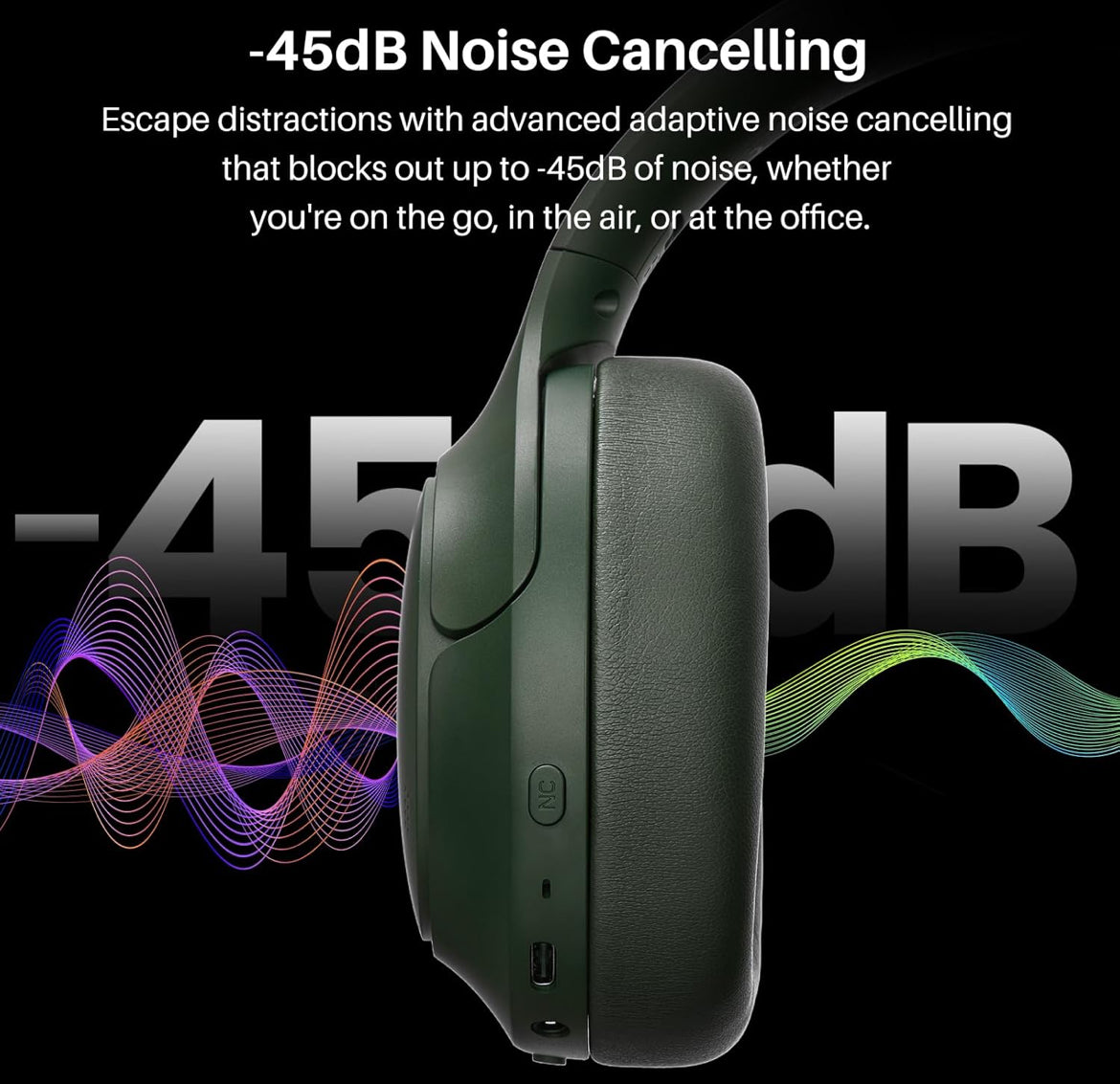 HT3 Hybrid Noise Cancelling Headphones, 90H Battery Life Over Ear Bluetooth 6.0 Foldable Headset, AI Voice Assistant - Green