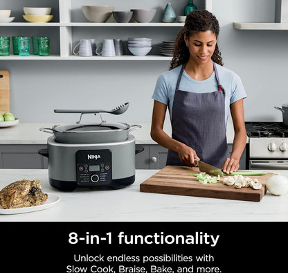 Ninja MC1001 Foodi PossibleCooker PRO 8.5 Kwart Veelvuldige-Koker, met 8-in-1 Stadige Koker, Nederlanderpot, Stoompot, Glasdeksel Geïntegreerde Lepel, Kleefvry, Oondvaste Pot tot 260°C, Seesoutgrys