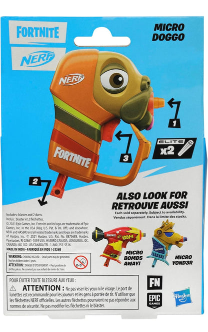 Nerf Fortnite Micro Doggo Mini Dart-Firing Blaster - Fortnite Doggo Outfit Design - Includes 2 Official Nerf Elite Darts
