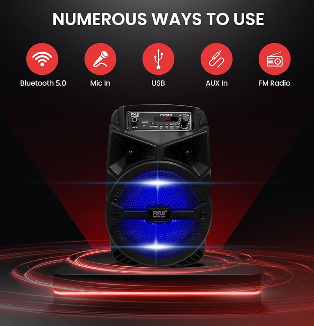 Rechargeable Outdoor Bluetooth Portable PA System 240W w/ 6.5” Subwoofer 1” Tweeter, Microphone In, Party Lights, MP3/USB, Radio, Remote