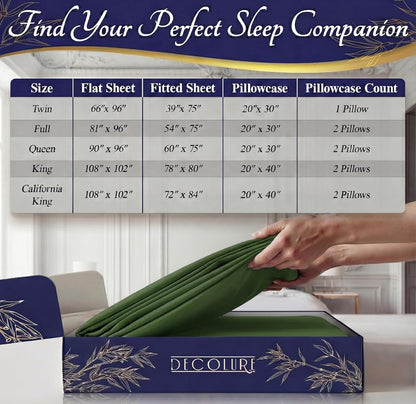 DECOLURE 100% Viscose Derived from Bamboo Sheets King Size - Luxury 4 Pc Naturally Cooling Sheets, Ultra Soft Bed Set - Deep 17" Pockets, Durable Double Stitching, Oeko Tex Standard (Olive)