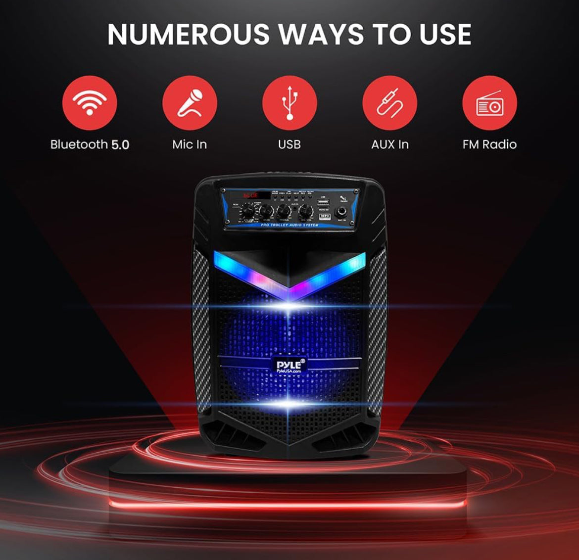 Portable Rechargeable Outdoor Bluetooth Speaker PA System 8”  400W Recording Function, Mic In, Party Lights USB/SD, Radio