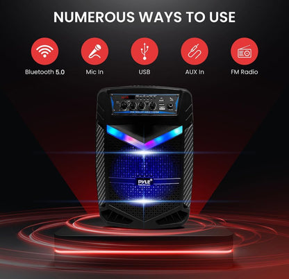 Portable Rechargeable Outdoor Bluetooth Speaker PA System 8”  400W Recording Function, Mic In, Party Lights USB/SD, Radio
