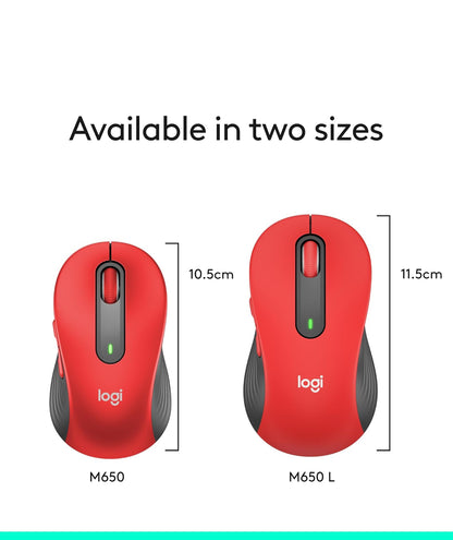Logitech Wireless Muis Signature M650 L Volgrootte - Groot Hande, Stil Klieks, Aanpasbare Knoppies, Bluetooth, rekenaar/Mac/Chromebook - Klassieke Rooi, Regshandig, Groot