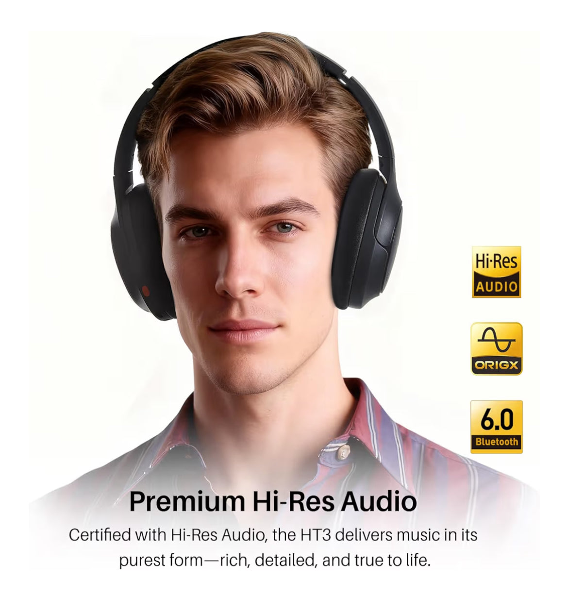 HT3 Hybrid Noise Cancelling Headphones, 90H Battery Life Over Ear Bluetooth 6.0 Foldable Headset, AI Voice Assistant - Titanium Black