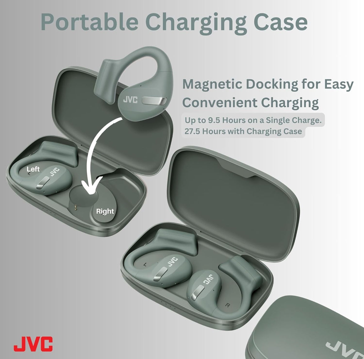 JVC New Nearphones Open Ear True Wireless Headphones with 16mm Large Drivers for Powerful Sound, Single Ear use, Compact Size, and Long Battery Life (up to 38 Hours) - HANP50TG (Green)