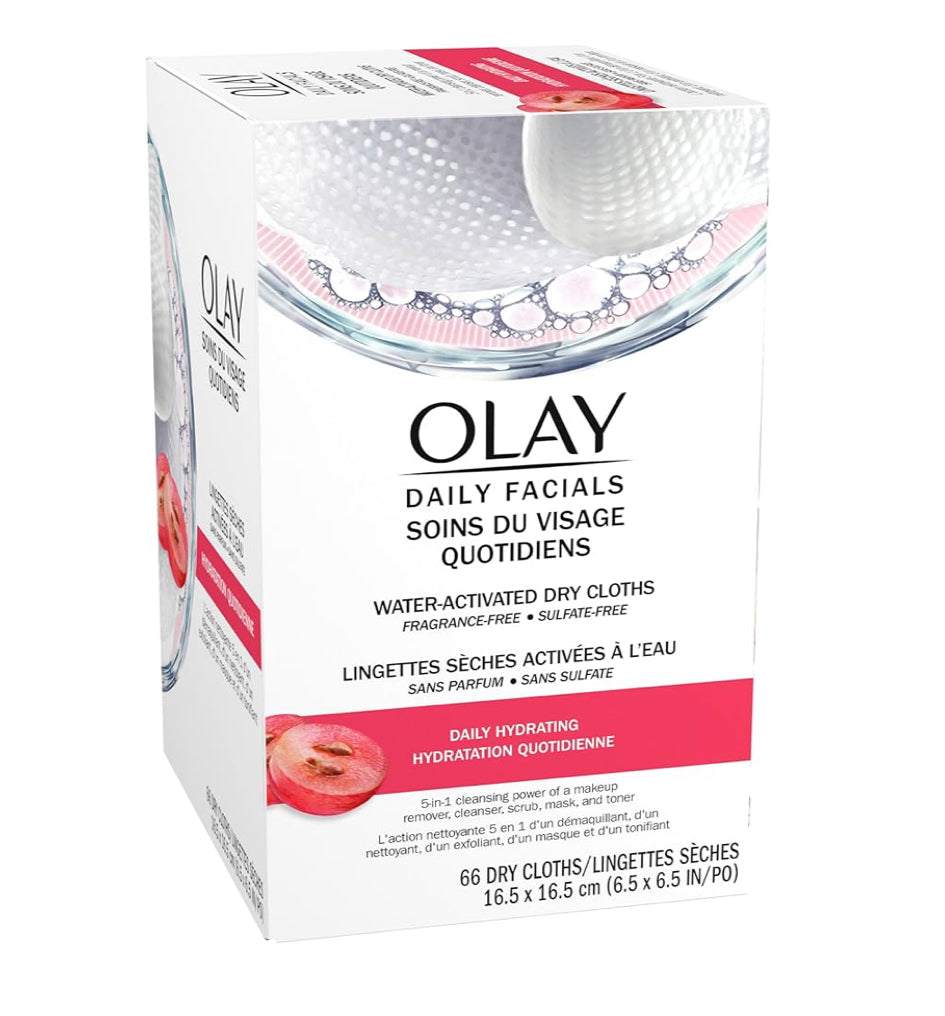 Olay Daily Facials Grimeerverwyderende Gesigsreinigingsdoekies, 5-in-1 Watergeaktiveerde Lappies, Eksfolieer, Toon en Hidreer Vel (66 tellings)