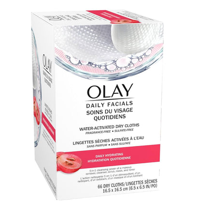Olay Daily Facials Grimeerverwyderende Gesigsreinigingsdoekies, 5-in-1 Watergeaktiveerde Lappies, Eksfolieer, Toon en Hidreer Vel (66 tellings)