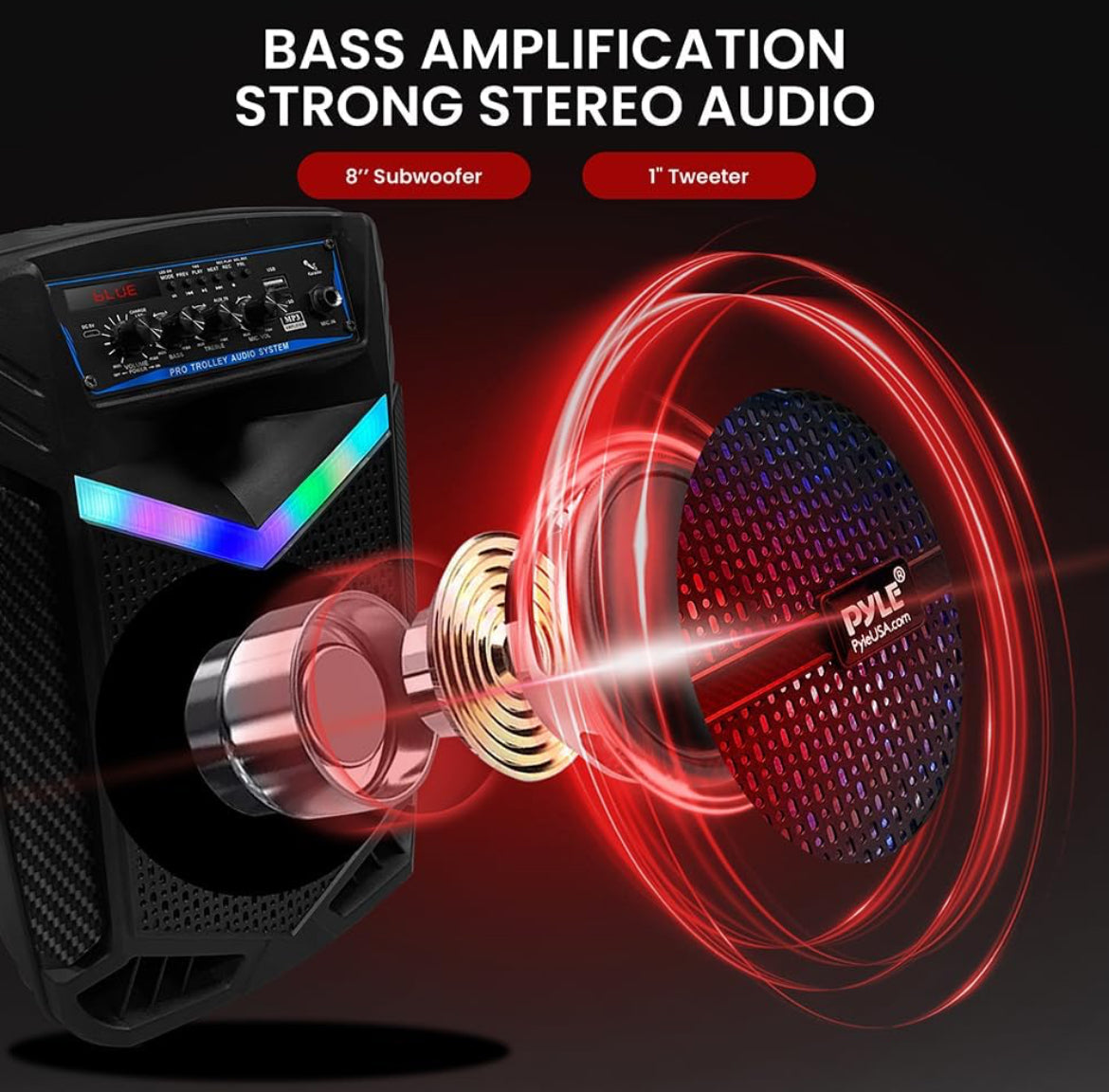 Portable Rechargeable Outdoor Bluetooth Speaker PA System 8”  400W Recording Function, Mic In, Party Lights USB/SD, Radio