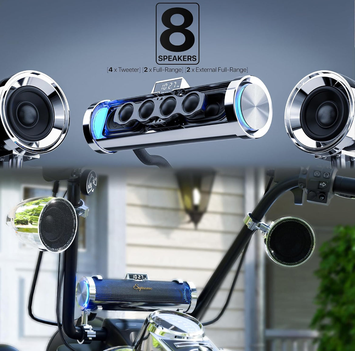 Bluetooth Motorcycle Speakers Waterproof 8-Speaker Radio 600W Aluminum Sound Bar, 4.25" External Speakers, LED light, FM Radio/USB/AUX, Remote Control, Perfect for Harley ATV