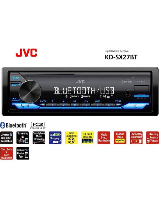 JVC KD-SX27BT Kar Stereo met Bluetooth, 100W Digitale Media-ontvanger, 1.5A USB om Toestelle te Laai, Enkel DIN Hoofeenheid, AM/FM, Aux-in, JVC Afstandbeheer Toep