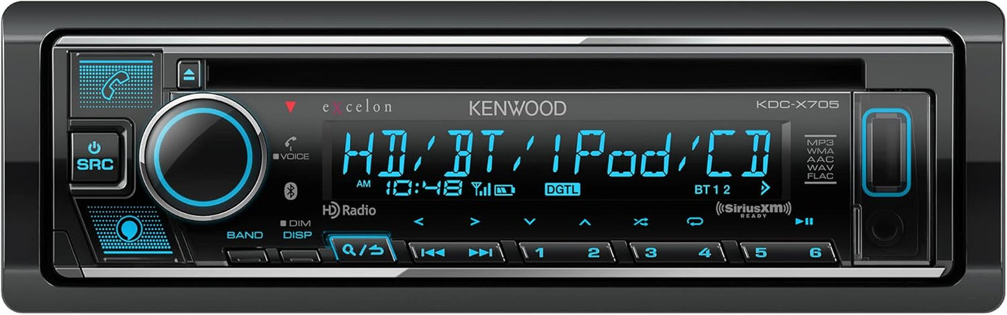 KENWOOD KDC-X705 Enkel-DIN CD Ontvanger met Bluetooth, HD Radio, Alexa Ingeboude Spotify en Pandora Skakel vir iPhone- of Android-fone, SiriusXM Geredelik, (3) 5Volt Pre-uitsette