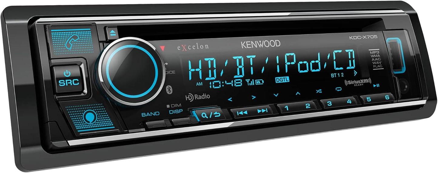 KENWOOD KDC-X705 Enkel-DIN CD Ontvanger met Bluetooth, HD Radio, Alexa Ingeboude Spotify en Pandora Skakel vir iPhone- of Android-fone, SiriusXM Geredelik, (3) 5Volt Pre-uitsette