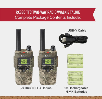 Cobra RX380 Walkie Talkies (2-pak) – Weerbestande tweerigtingradio's met lang reikafstand, 40 voorafgeprogrammeerde kanale, weerwaarskuwings, LED-flitslig, langdurige NiMH-batterye (TrueTimber Strata Camo)