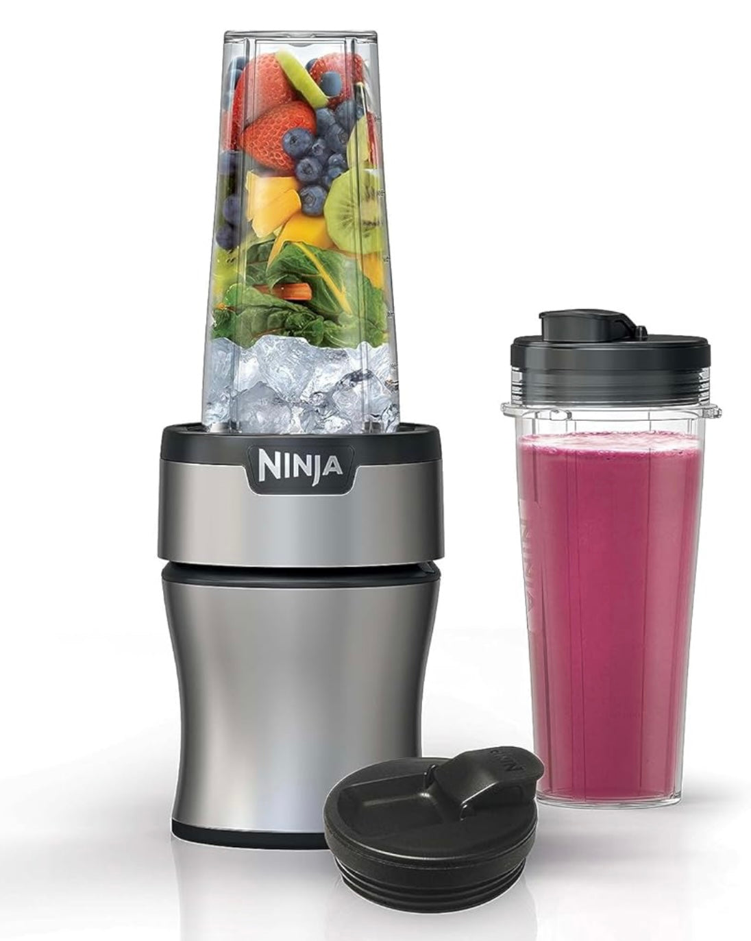 Ninja BN301 Nutri-Blender Plus Compact Personal Blender, 900-Peak-Watt Motor (3) 20 oz. To-Go Cups, (2) Spout-Lids (1) Storage-Lid, Dishwasher Safe - Silver