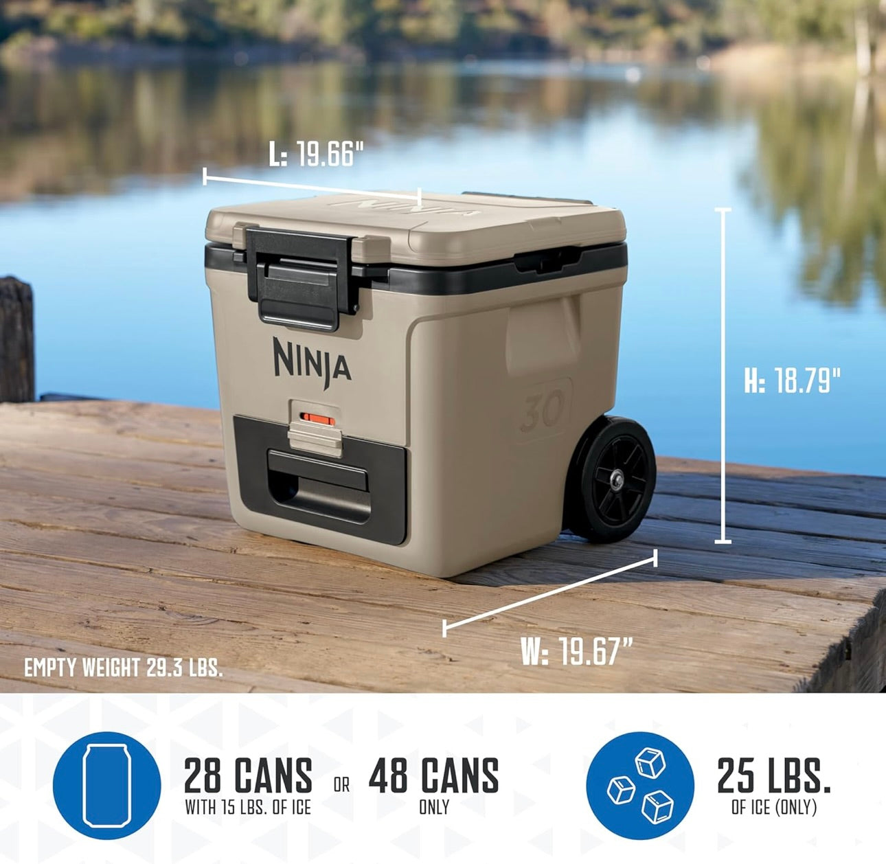 Ninja Cooler FrostVault 30QT-koeler met wiele – geïsoleer met Temp Dry-bergingslaai, hou ys dae lank koud – Beige