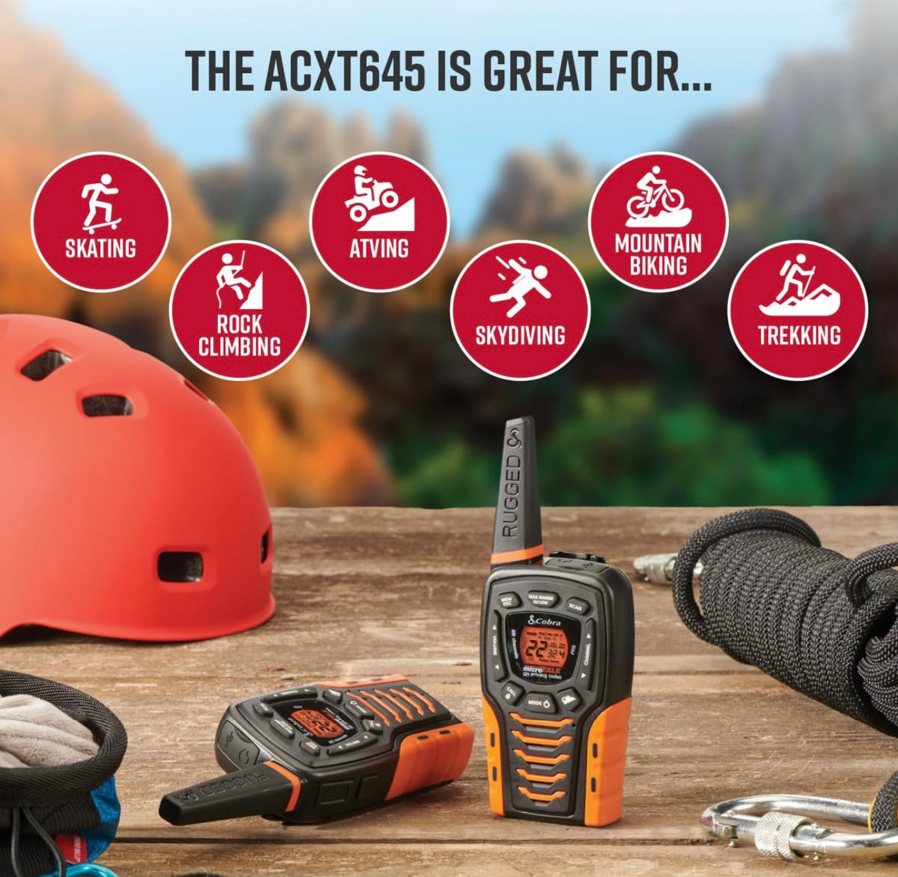 Cobra ACXT645 Waterdigte Walkie Talkies - Herlaaibaar, 22 Kanale, Langafstand 35 Myl Tweeradio-stel, Swart en Oranje (2-pak)