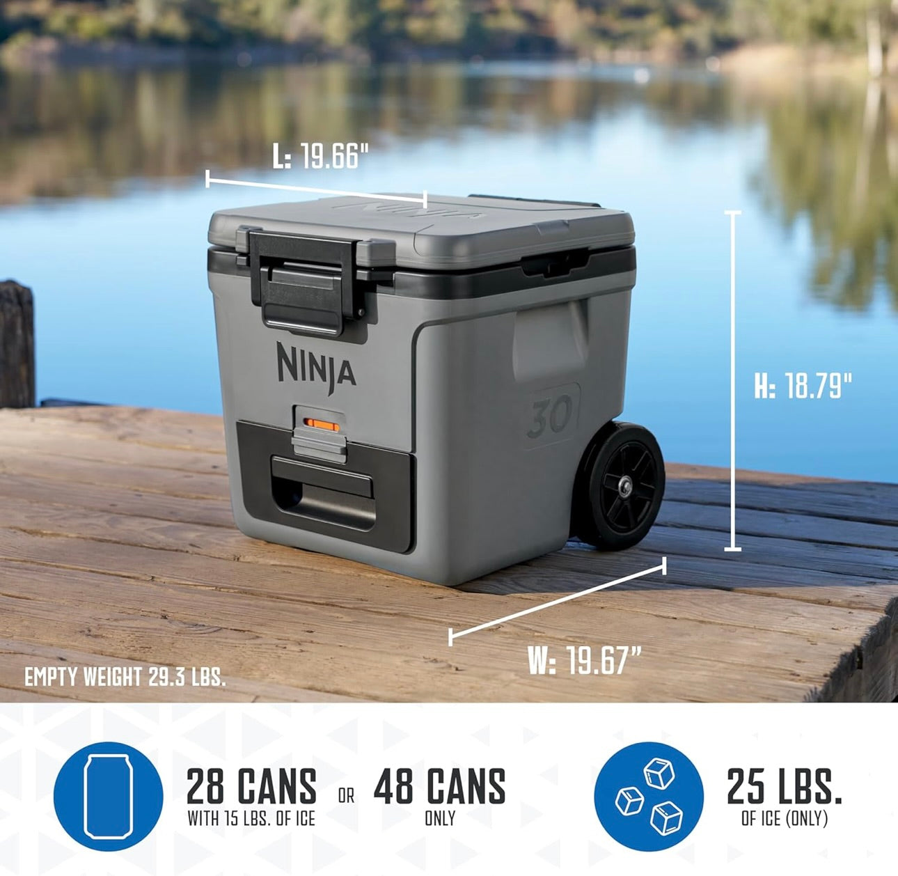 Ninja Cooler FrostVault 30QT-koeler met wiele – geïsoleer met Temp Dry-bergingslaai hou ys dae lank koud – State Gray