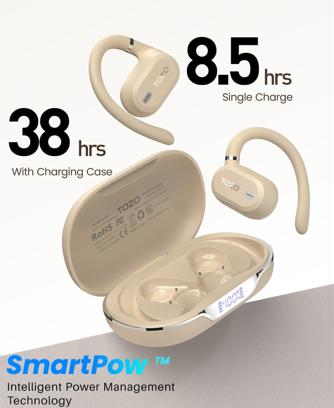OpenWear Open Ear Headphones, Adjustable Ear Hooks, Ultra Comfort, Bass Bluetooth Headphones 5.4 with Smart Digital Display (Khaki)