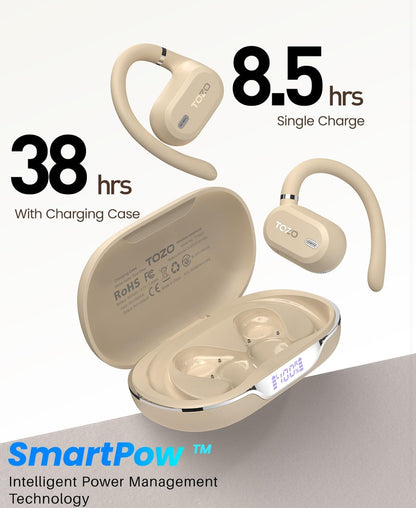 OpenWear Open Ear Headphones, Adjustable Ear Hooks, Ultra Comfort, Bass Bluetooth Headphones 5.4 with Smart Digital Display (Khaki)