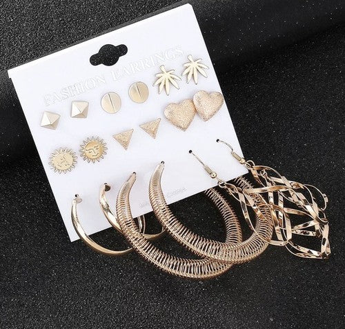 NEW 9 SETS FASHION JEWELRY STUD EARRINGS For WOMAN - GOLD PLATED