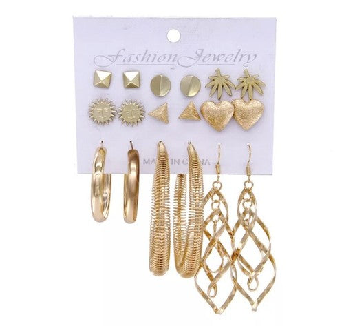 NEW 9 SETS FASHION JEWELRY STUD EARRINGS For WOMAN - GOLD PLATED