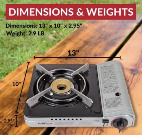 Grill Boss 90057 Dual Fuel Camp Portable Stove + 4 x 8 oz. Tins of Butane Fuel
