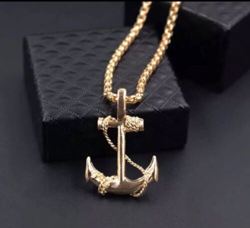NEW - STAINLESS STEEL FASHION SEA ANCHOR NECKLACE FOR MEN & WOMEN  GOLD PLATED