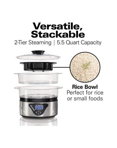Hamilton Beach Digital Food Steamer w/  Stackable Two-Tier Bowls 5.5 Qtz | New