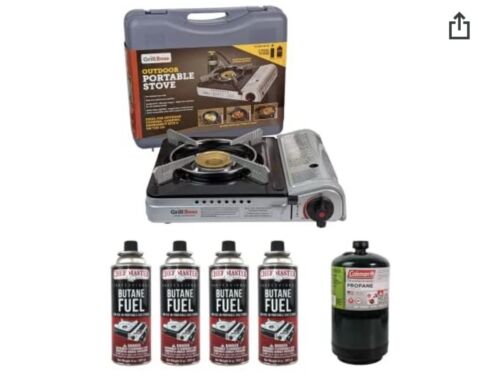 Grill Boss 90057 Dual Fuel Camp Portable Stove + 4 x 8 oz. Tins of Butane Fuel