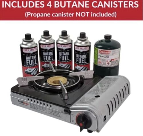 Grill Boss 90057 Dual Fuel Camp Portable Stove + 4 x 8 oz. Tins of Butane Fuel