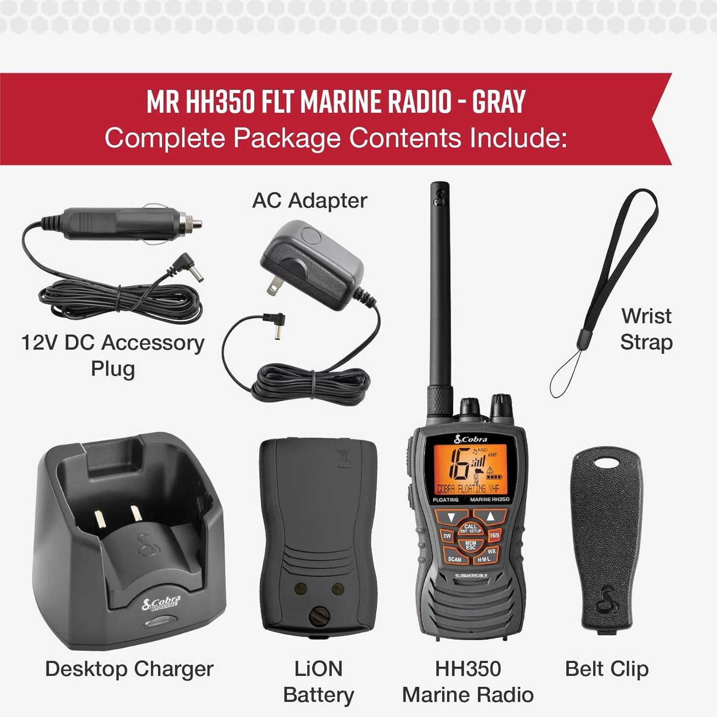Cobra MR HH350 FLT Handheld Floating VHF Radio - 6 Watt, Submersible, Geraasdempende Mik, Verligte LCD-skerm, NOAA Weer, en Geheue Skandering, Grys