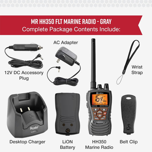 Cobra MR HH350 FLT Handheld Floating VHF Radio - 6 Watt, Submersible, Geraasdempende Mik, Verligte LCD-skerm, NOAA Weer, en Geheue Skandering, Grys