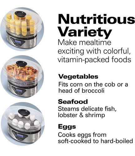 Hamilton Beach Digital Food Steamer w/  Stackable Two-Tier Bowls 5.5 Qtz | New