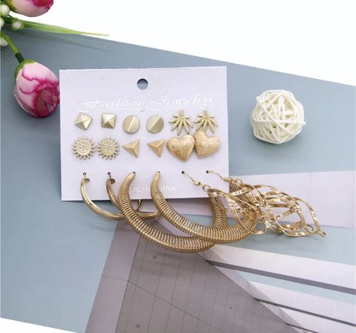 NEW 9 SETS FASHION JEWELRY STUD EARRINGS For WOMAN - GOLD PLATED