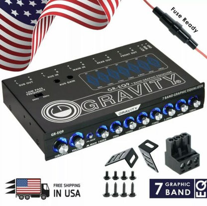Gravity EQ9 1/2 Din 7-Band Kar Oudio Equalizer EQ m/ Voor-, Agter- + Sub Uitset