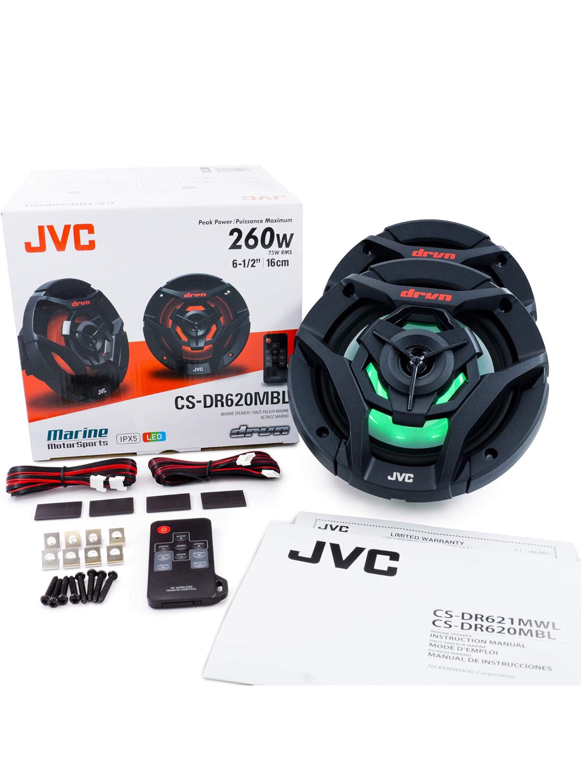 JVC CS-DR621MWL 6.5 Duim Motor & Mariene, Motorsport, Klankstelsel Stereo 2-rigting Luidsprekers met Koel Ingeboude RGB LED-ligte, Weerbestand IPX5, 260 Watt, UV-beskermde Roosters Ingesluit - Wit