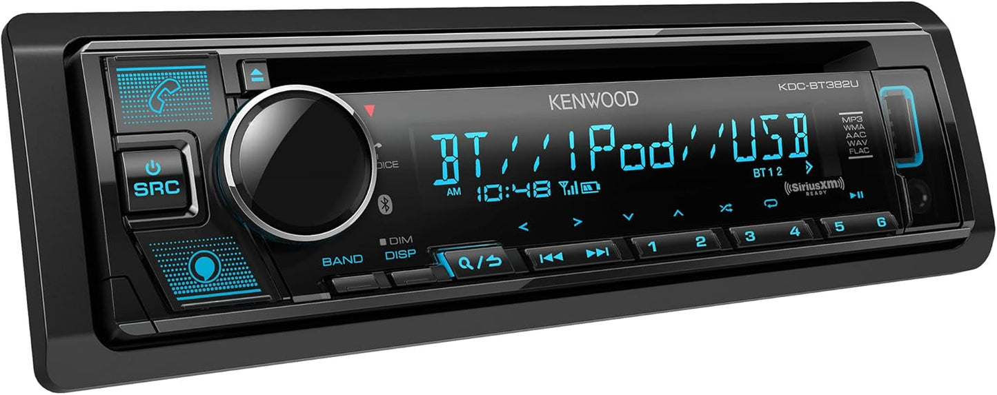 KENWOOD KDC-BT382U CD-motorradiostel met Bluetooth, AM/FM-radio, veranderlike kleurvertoning, hoëkrag-USB aan die voorkant, ingeboude Alexa en gereed vir SiriusXM